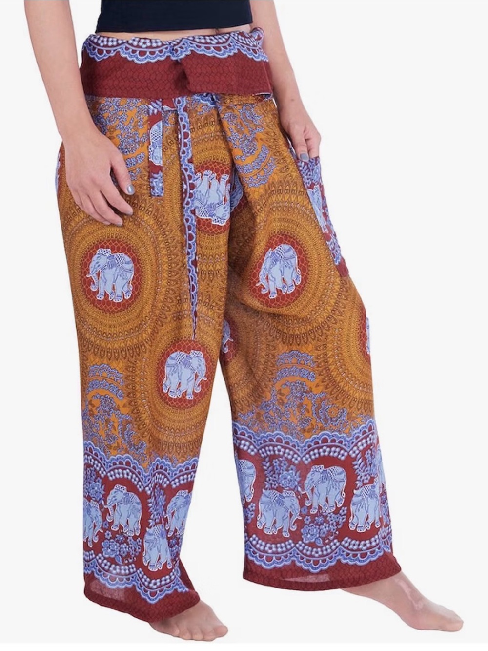 Boho Elephant Print Wide-Leg Pants - Rust & Light Blue